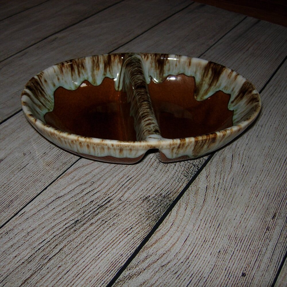 Vintage MCM Brown Drip Divided Serving Bowl